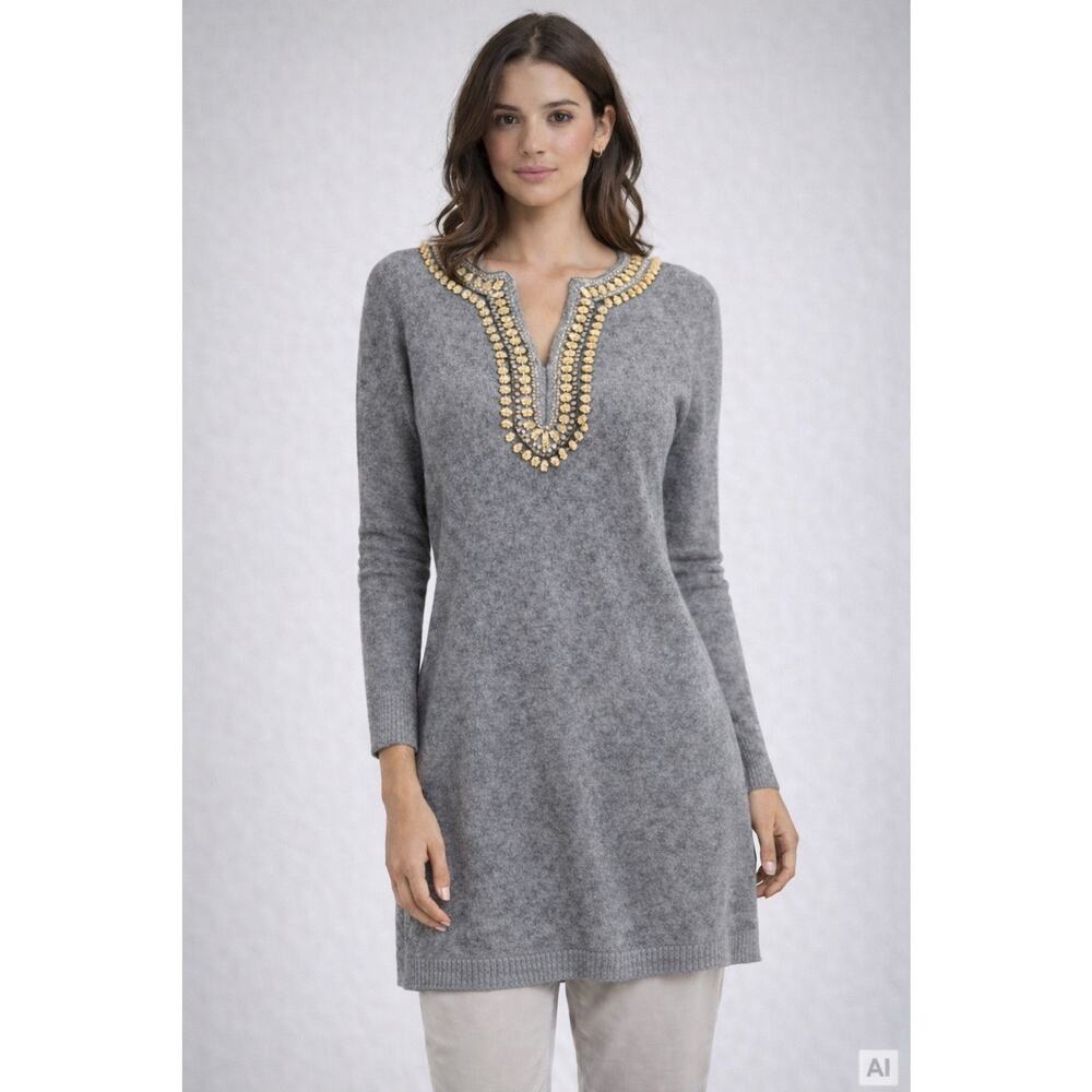 Tory Burch Embellished Silk Tunic Top‎ Navy XS Designer Short Dress